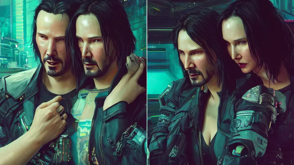 Image similar to a cyberpunk 2077 srcreenshot couple portrait of Keanu Reeves & female android in kiss,love story,film lighting,by Laurie Greasley,Lawrence Alma-Tadema,Dan Mumford,John Wick,Speed,Replicas,artstation,deviantart,FAN ART,full of color,Digital painting,face enhance,highly detailed,8K,octane,golden ratio,cinematic lighting