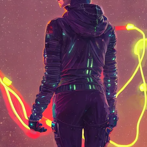 Image similar to skill magic deepdream guard girl cyberpunk futuristic, reflective puffer jacket, black leggings from the back radiating a glowing aura by ismail inceoglu dragan bibin hans thoma, perfect face, fine details, realistic shaded, fine - face, pretty face