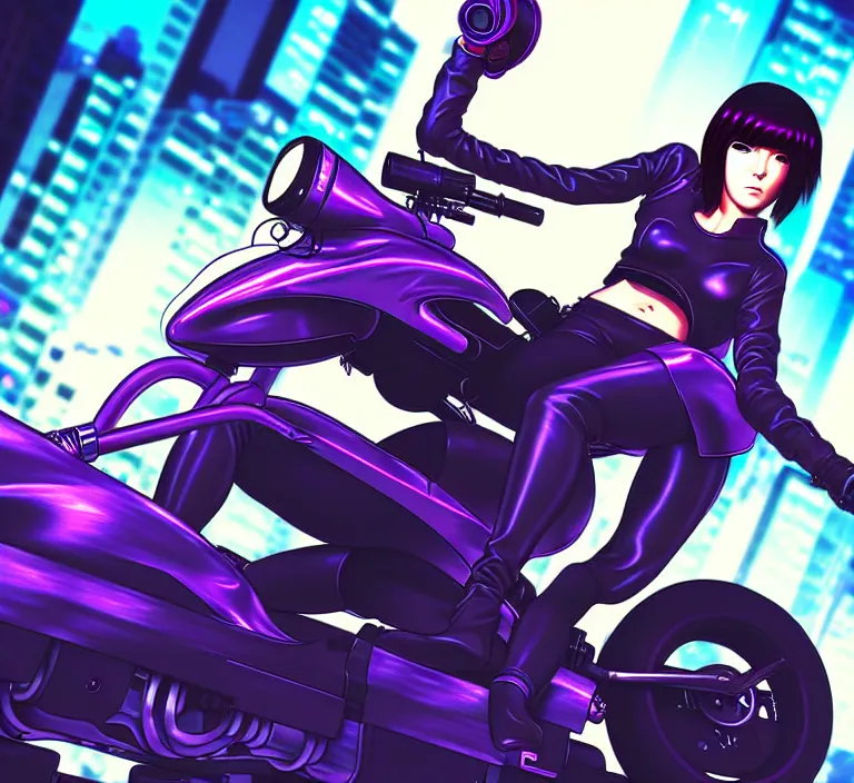 Image similar to motoko kusanagi riding a cyberpunk vehicle in a grungy cyberpunk megacity, bosozoku gang war, cyberpunk vaporwave, artgerm, sola digital arts, anti aliasing, raytracing