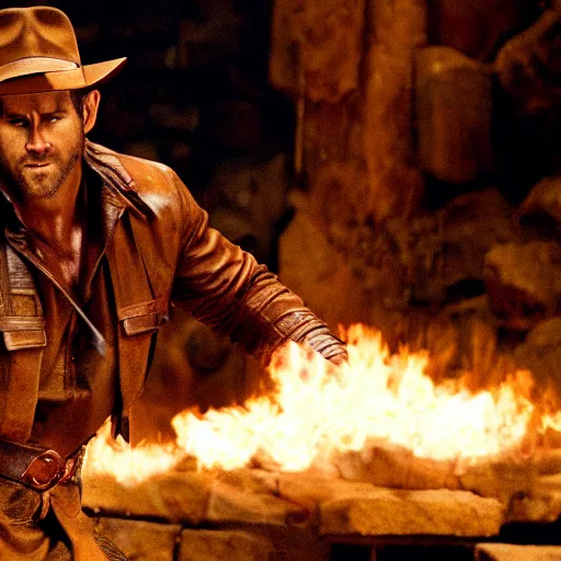 Prompt: Ryan Reynolds as Indiana Jones dropped the holy grail, action scene, cinematic still