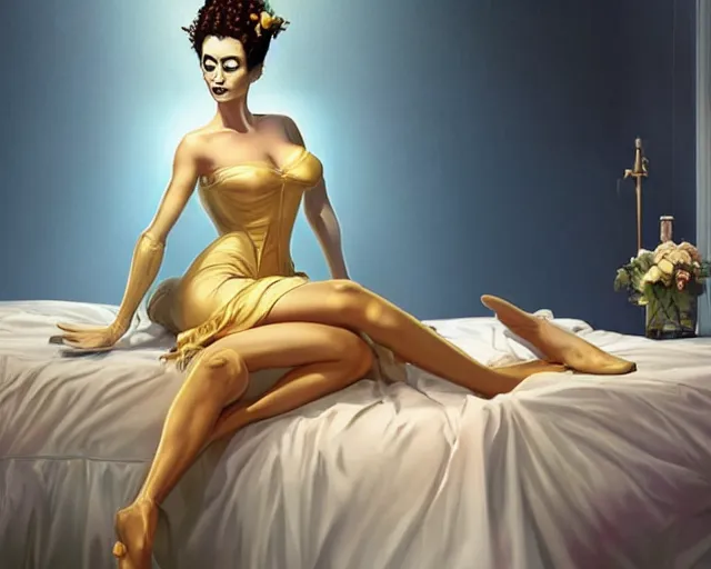 Image similar to phtorealistic modern pin up of the bride of frankenstein posing in a bed in the room of a sanatarium, full body, campy color scheme, realistic, center, smooth, golden ratio, detailed, aly fell, daniela uhlig