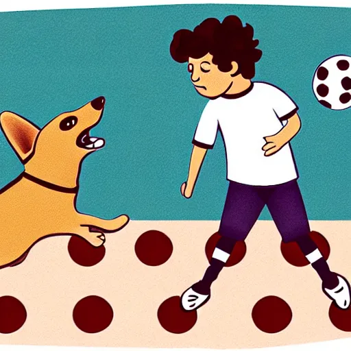 Image similar to illustration of french boy in paris playing football against a corgi, the corgi is wearing a polka dot scarf