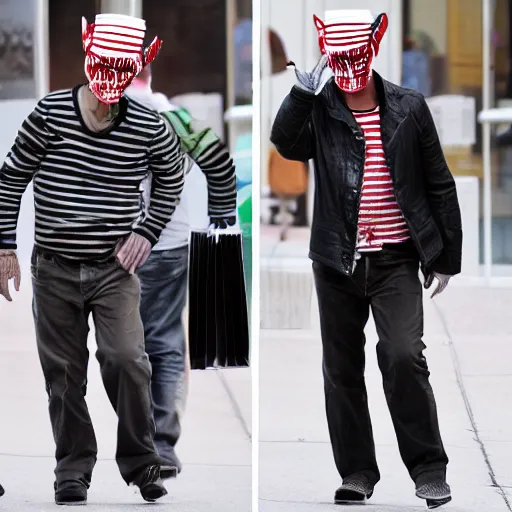 Image similar to paparazzi photos of freddy krueger walking down the street shopping