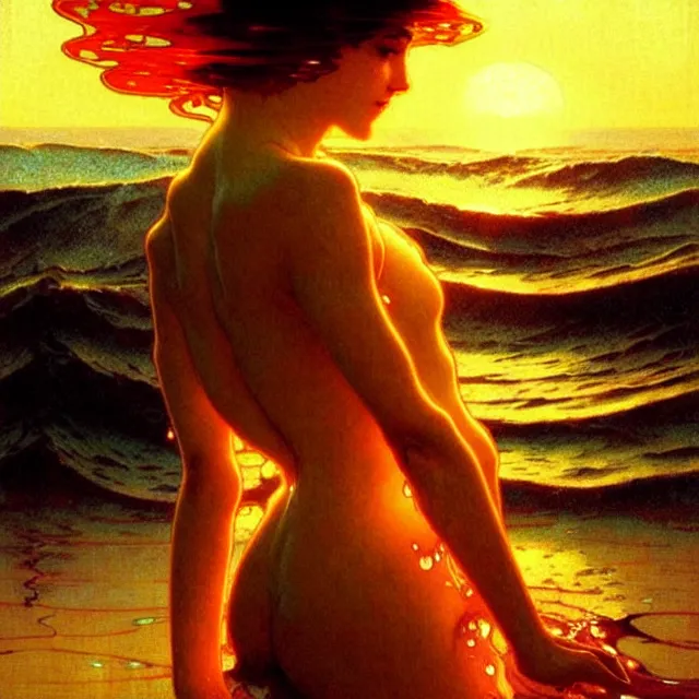 Image similar to ocean waves of glossy liquid honey drops flowing like translucent amber, lsd waves, lsd ripples, backlit, sunset, refracted lighting, art by collier, albert aublet, krenz cushart, artem demura, alphonse mucha