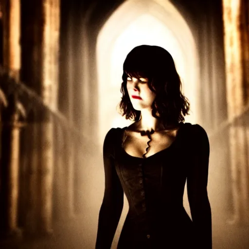 Image similar to medium shot of mary elizabeth winstead as a vampire in a gothic cathedral at night, gloomy, cinematic, ground mist, volumetric light.