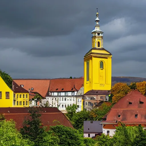 Image similar to a large yellow building with a steeple on top of it, on a hill, a flemish baroque by karl stauffer - bern, unsplash, heidelberg school, panorama, wimmelbilder, romanesque, danube school, pixabay contest winner