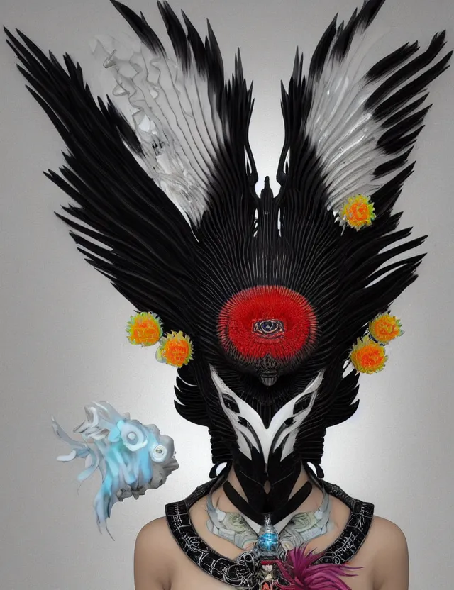 Image similar to 3 d goddess close - up profile simple portrait punk with mohawk with ram skull. beautiful intricately detailed japanese crow kitsune mask and clasical japanese kimono. betta fish, jellyfish phoenix, bio luminescent, plasma, ice, water, wind, creature, artwork by tooth wu and wlop and beeple and greg rutkowski