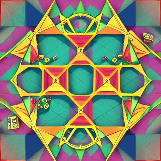 Image similar to a 3 d render of a pentagonal board game board covered in illumaniti illustrations. conspiracy theories, in the style of gravity falls, digital art - w 7 6 8