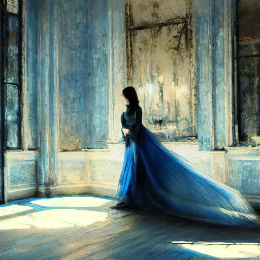 Prompt: blue tones, woman in dress, wooden floor, by alexander fedosav, elegant, detailed, digital artwork, paint, gothic mansion room, by jeremy mann