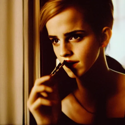 Photograph of Emma Watson smoking by the window. | Stable Diffusion