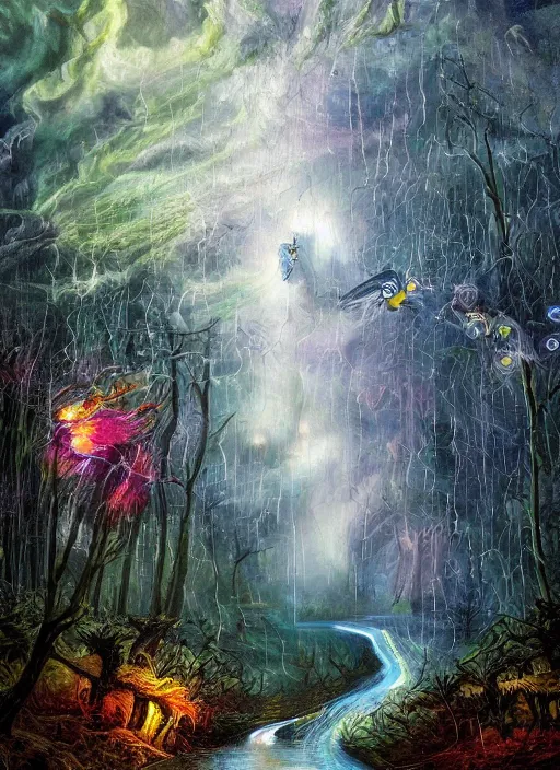 Image similar to photo of a crazy wasp, warped reality, cinematic lighting, magical forest, thunderstorm, flood, rivers of paint, fantasy landscape, artstation, exquisite, art by alison watt, altichiero, americo makk, arthur hughes