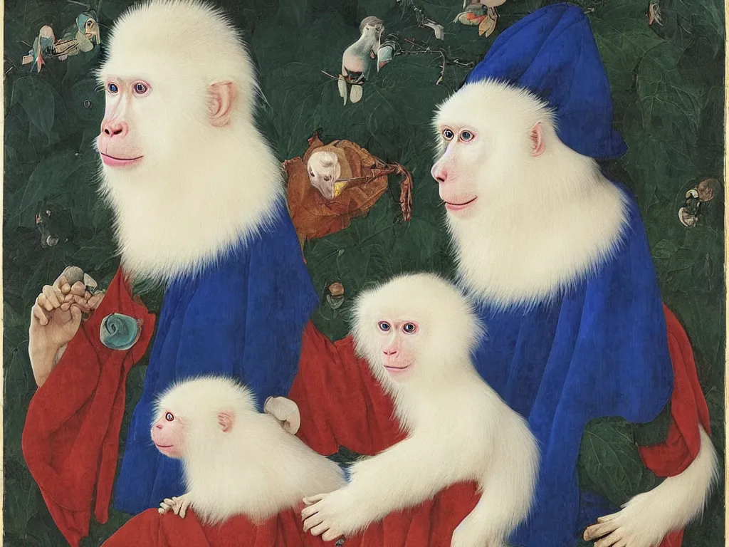 Prompt: Portrait of albino mystic with blue eyes, with exotic beautiful Japanese macaque. Painting by Jan van Eyck, Audubon, Rene Magritte, Agnes Pelton, Max Ernst, Walton Ford