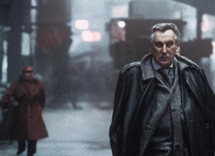 Image similar to film still milos zeman wearing leather coat as a detective in blade runner, 8 k