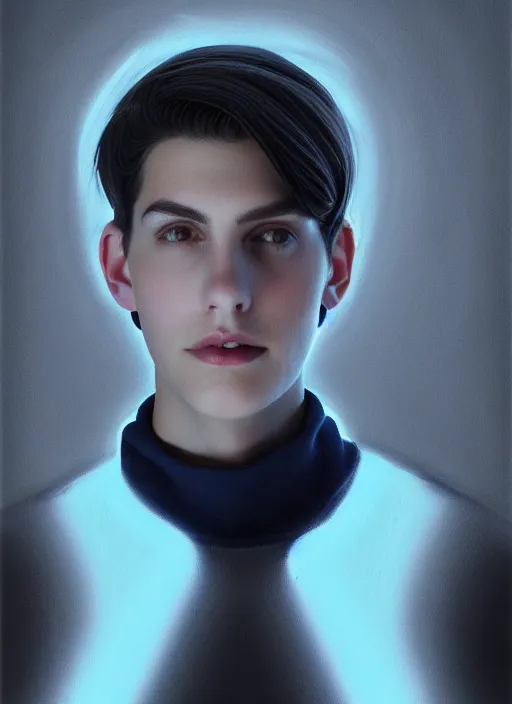 Image similar to portrait of teenage jughead jones wearing a light grey crown, crown, blue turtleneck, closed eyes, photorealistic, black hair, glowing lighting, intricate, elegant, glowing lights, highly detailed, digital painting, artstation, concept art, smooth, sharp focus, illustration, art by wlop, mars ravelo and greg rutkowski