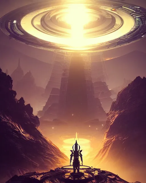 Prompt: spiral alien temple, beautiful landscape!!!, nier automata, protoss!!, machine planet, glass obelisks, ufo in the sky, colorful light, advanced technology, cinematic lighting, mysterious, epic scale, highly detailed, masterpiece, art by bastien grivet and darwin cellis and jan urschel