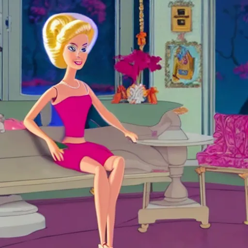 Prompt: Barbie looks bored, Don Bluth Animation, film still, wide angle shot, expressive, character