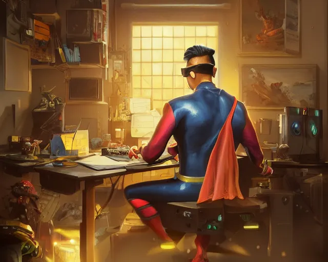 Image similar to an insanely detailed painting of a nerdy asian man wearing a superhero costume, sitting at a desk, staring at the nervously at the computer and typing, in the style of peter mohrbacher, dramatic lighting and composition, octane render, pixar, trending on artstation, concept art, comic book, view from behind