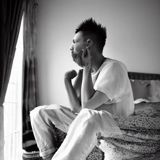 Image similar to black and white fashion photograph, highly detailed portrait of a depressed old man sitting on the edge of a messy bed, natural light, rain, mist, lomo, fashion photography, film grain, soft vignette, sigma 85mm f/1.4 1/10 sec shutter