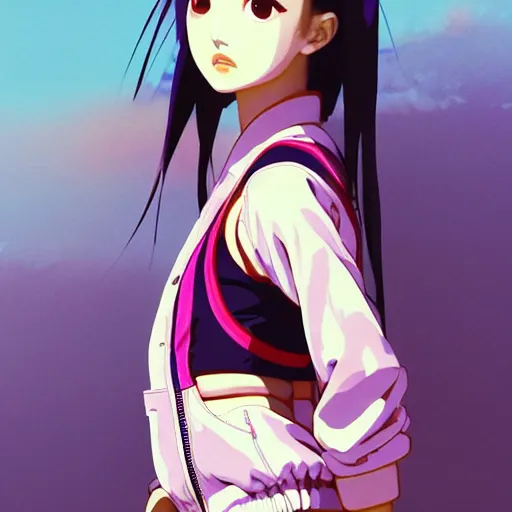 Image similar to a beautiful japanese natalie portman gravure model, wearing oversized native designer bomber jacket and leotard with overalls, bulky poofy bomber jacket with mesoamerican patterns, mesoamerican native street fashion, gapmoe yandere grimdark, trending on pixiv fanbox, painted by greg rutkowski makoto shinkai takashi takeuchi studio ghibli, akihiko yoshida