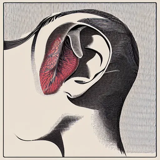 Prompt: stipple shaded illustration of a human ear and a bird inside, by ilya kuvshinov, anatomy book, retro flat colors, retrofuturism