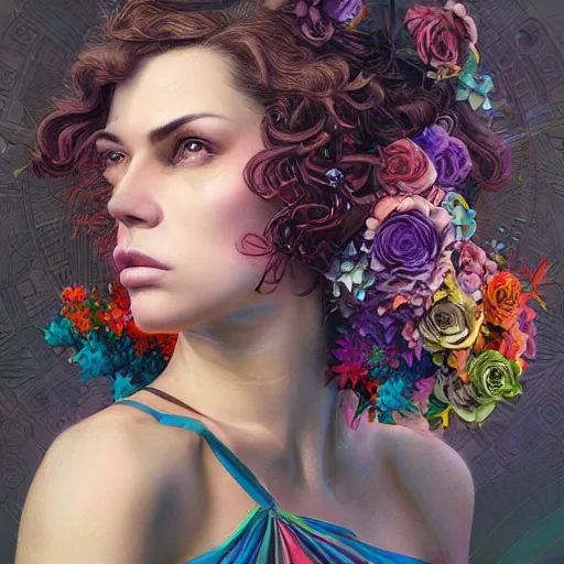 Image similar to Lofi cyberpunk portrait beautiful woman with short brown curly hair, roman face, rainbow, floral, Pixar style, Tristan Eaton, Stanley Artgerm, Tom Bagshaw