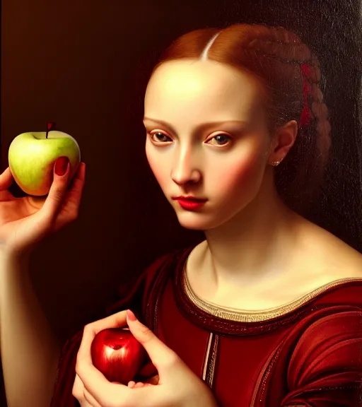 Prompt: portrait of a woman and an apple sitting upon a table with heightened detail, poised, intense emotion, detailed facial expression, detailed surroundings, intricate, elegant, highly detailed, centered, digital painting, artstation, concept art, smooth, sharp focus, illustration, by ( leonardo da vinci ), wlop