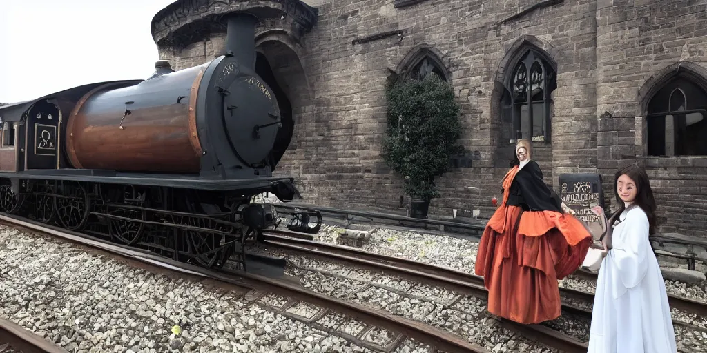 Image similar to The mysterious Hogwarts train and a beautiful female conductor