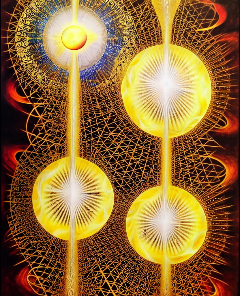 Image similar to a golden child radiates a unique canto'as above so below'while being ignited by the spirit of haeckel and robert fludd, breakthrough is iminent, glory be to the magic within, in honor of jupiter's day, painted by ronny khalil