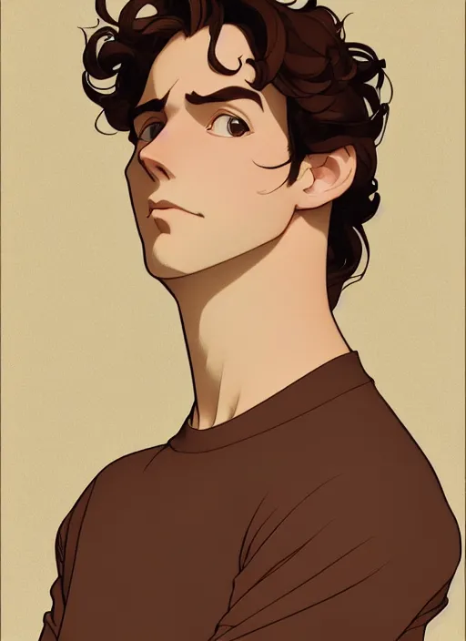 Image similar to art nouveau portrait of a handsome young man with medium length big mess of curly light brown hair, brown eyes, aloof, serious expression, t - shirt, modern casual clothing, natural lighting, path traced, highly detailed, high quality, cartoon, digital painting, by don bluth and ross tran and studio ghibli and alphonse mucha