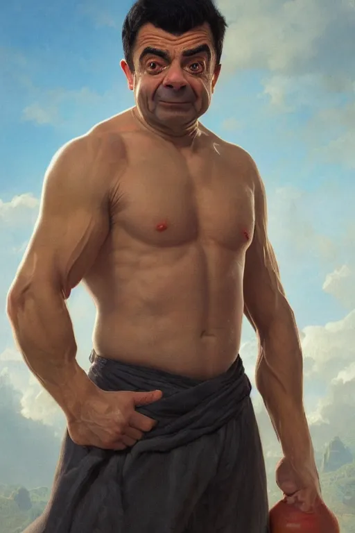 Image similar to upper body portrait of a hulking herculean chiseled mr bean rowan atkinson, cinematic lighting, photorealistic, octane render, 8 k, depth of field, 3 d, art by artgerm and greg rutkowski and alphonse mucha and uang guangjian and gil elvgren and sachin ten