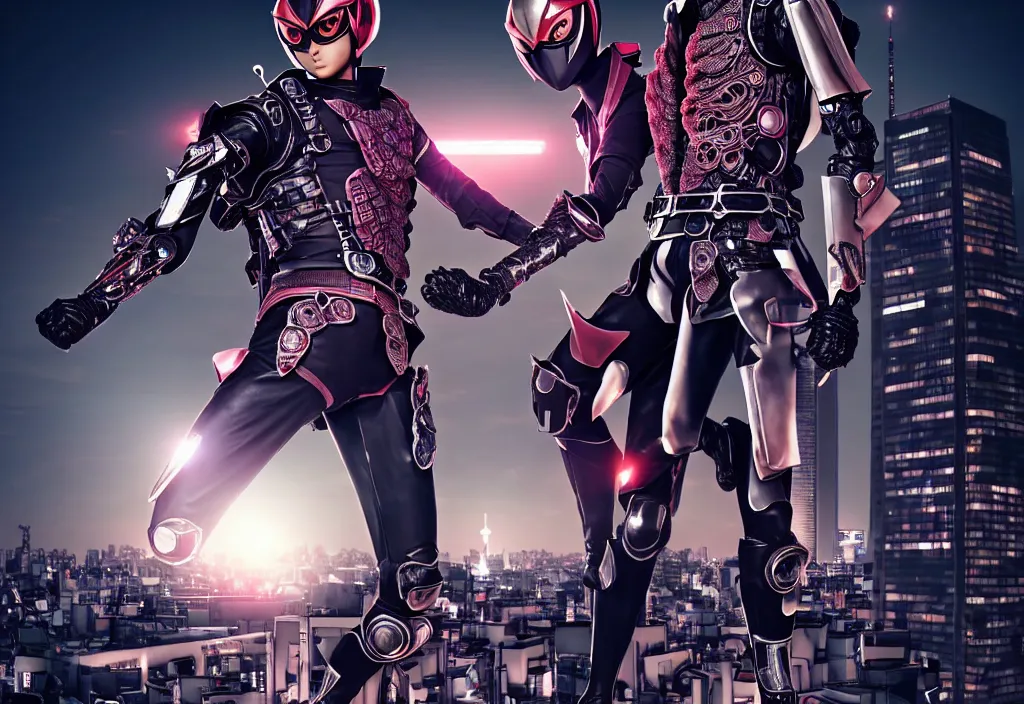 Image similar to belted kamen rider hero action pose, human structure concept art, human anatomy, full body hero, intricate detail, hyperrealistic art and illustration by a. k. a limha lekan a. k. a maxx soul and alexandre ferra, global illumination, blurry and sharp focus, on future tokyo night rooftop, frostbite engine