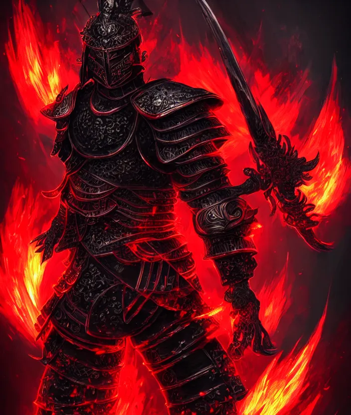 Prompt: a detailed manga character illustration of a dark warrior in black plated armour surrounded by red flames, trending on artstation, digital art, 4 k resolution, detailed, octane render, high quality, sharp focus, hq artwork, insane detail, concept art, character concept, character illustration, full body illustration