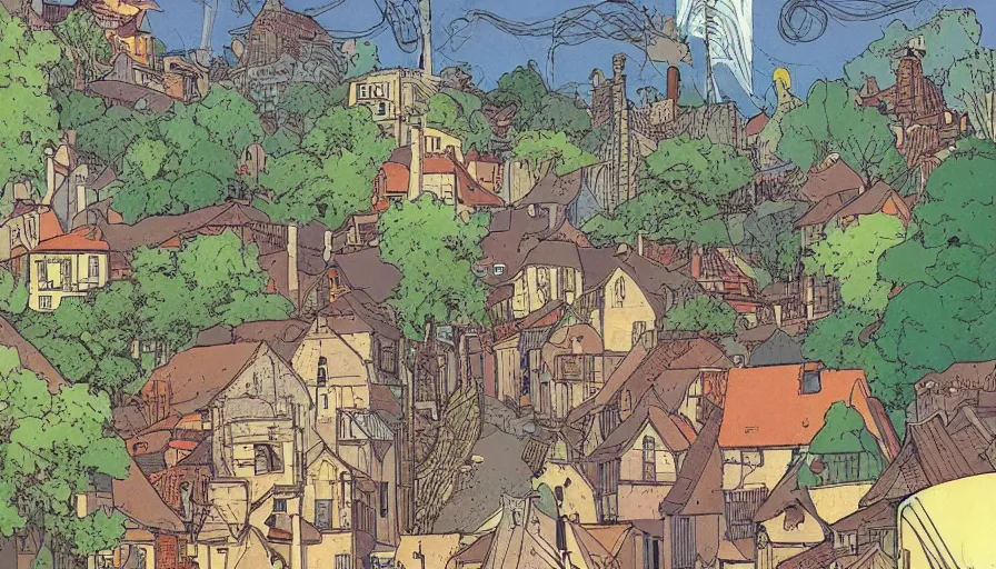 Image similar to ligne claire art of a sparse village intertwined with nature, street-level view, by Moebius, bright colors, Eisner award-winning spread