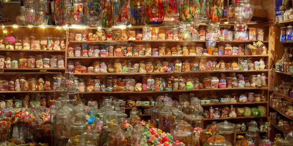 Prompt: Inside an old fashioned sweet shop, jars on shelves, fantasy vendor interior, wide angle, cinematic, highly detailed, photorealistic, rich bright colors, trending on artstation