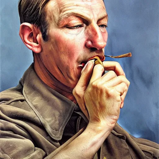 Prompt: high quality high detail painting by lucian freud, hd, portrait of a cop eating a donut, photorealistic lighting