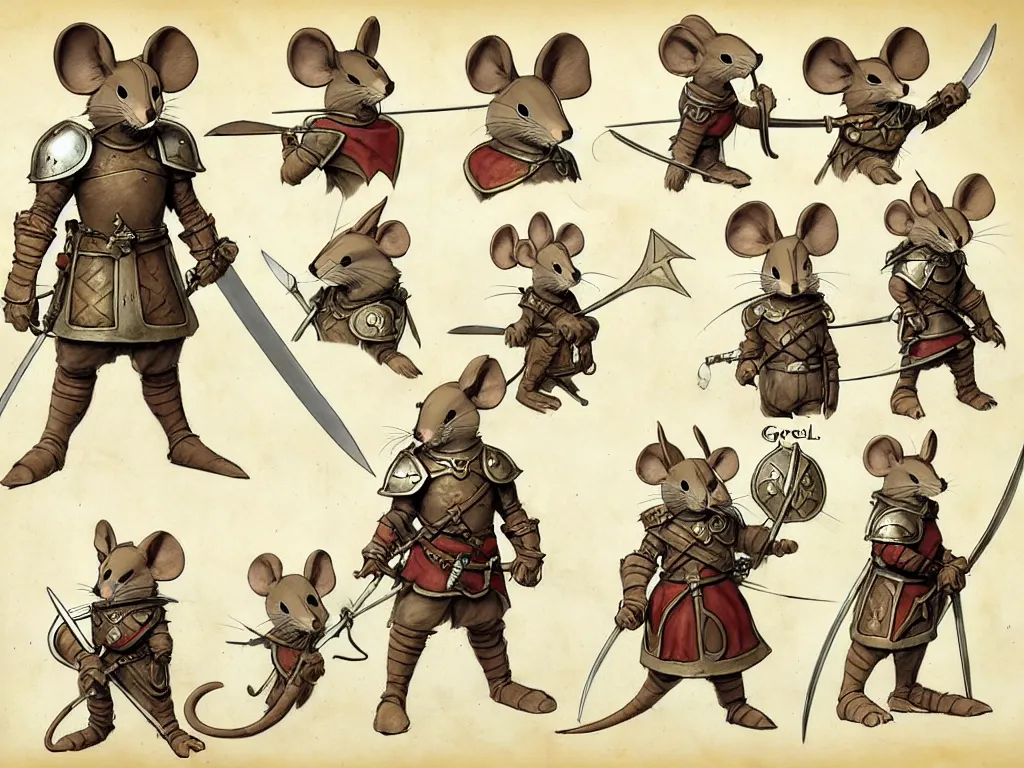 Image similar to character design sheet for a heroic mouse knight wearing a helmet with sword and shield on a parchment background, redwall, greg rutowski and jean baptiste monge, very very detailed, epic fantasy concept art