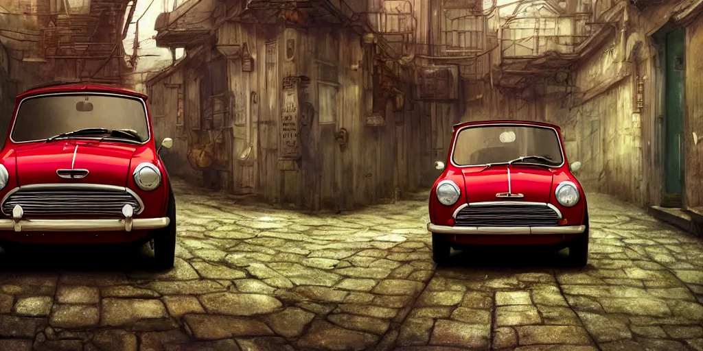 Image similar to a wholesome animation key shot of a focused old Red Mini Cooper car parked in an abandoned alleyway, medium shot, waist up, studio Ghibli, Pixar and Disney animation, sharp, very detailed, high resolution, Rendered in Unreal Engine 5, anime key art by Greg Rutkowski, Bloom, dramatic lighting