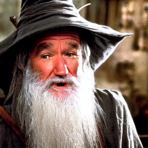 Image similar to Robin Williams playing Gandalf in Lord-of-the-Rings, screenshot