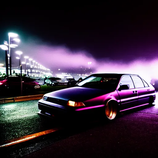 Image similar to a car JZX100 at illegal car meet, Chiba prefecture, city midnight mist lights, cinematic color, photorealistic, highly detailed, 50MM