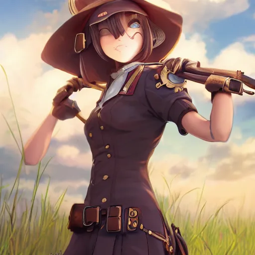 Prompt: girl with steampunk weapons and uniform, serious, finely detailed, made by wlop, studio ghibli, artgerm, full body portrait, illustration, grass, sunny, sky, anime, side view, perfect anime face, detailed face, zoomed out, smooth,