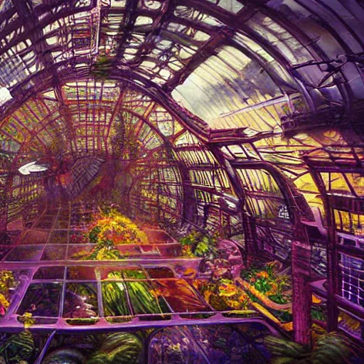 Prompt: a cinematic view of the inside of a fractal combustion engine, large indoor greenhouse with exotic plants, retrofuturism, scifi art, oil on canvas, biodome, stars in the sky above