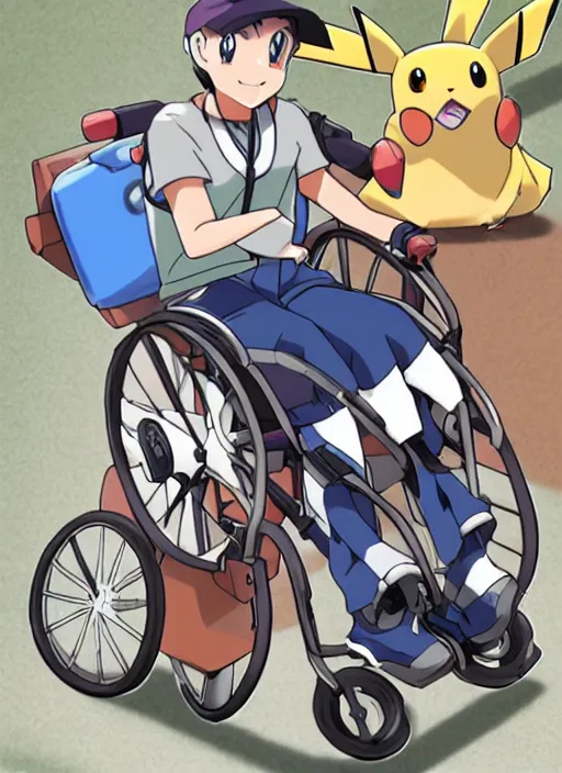 Prompt: a pokemon trainer traveling in a wheelchair, anime, art by ken sugimori