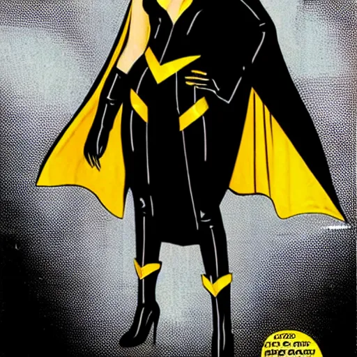 Image similar to 1 9 8 0's superheroine in black with golden trim, a long cape, platinum blood hair in a heroic pose in the style of dave gibbons