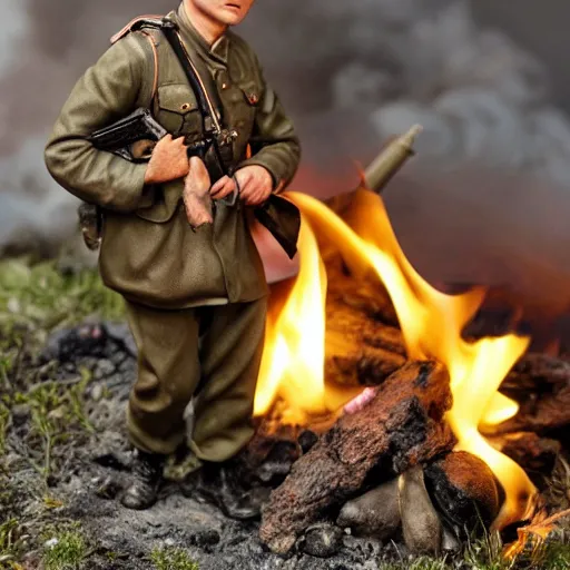 Image similar to 1/35 scale figurine of german ww2 soldier set on fire, burning plastic, scale model photography, 8k, hyper realistic