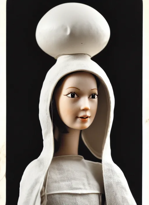 Image similar to realistic photo of a a medieval wooden barbie girl doll sculpture dressed white spherical hat helmet made of plastic, black brushwood, greyscale grain 1 9 6 0, life magazine photo, natural colors, metropolitan museum, kodak