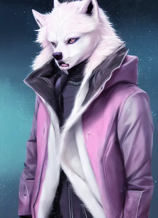 Image similar to award winning beautiful portrait commission of a male furry anthro albino wolf fursona with a tail and a cute beautiful attractive detailed furry face wearing stylish black and pink cyberpunk clothes in a cyberpunk city at night while it rains. Character design by charlie bowater, ross tran, artgerm, and makoto shinkai, detailed, inked, western comic book art