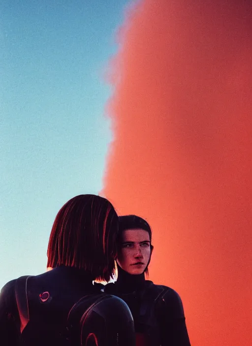 Image similar to cinestill 5 0 d photographic portrait of two loving female androids wearing rugged black techwear on a desolate plain with a red topographic pattern sky, extreme closeup, cyberpunk style, dust storm, 8 k, hd, high resolution, 3 5 mm, f / 3 2, ultra realistic faces, ex machina