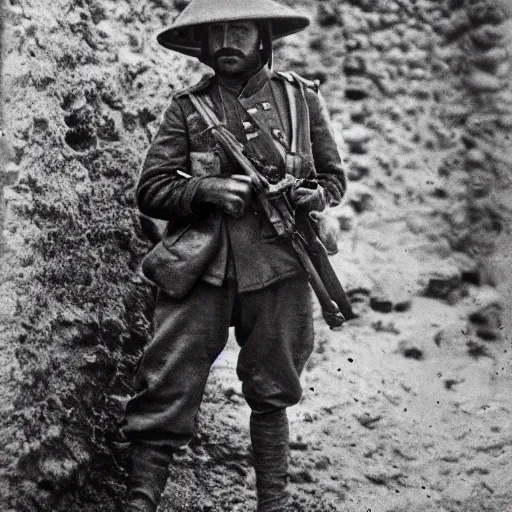 Image similar to Kurdish soldier, ww1 trench, war photo, film grain, award winning photo