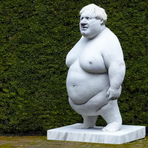 Prompt: a marble sculpture of a giant corpulent boris johnson standing astride the british isles on fire