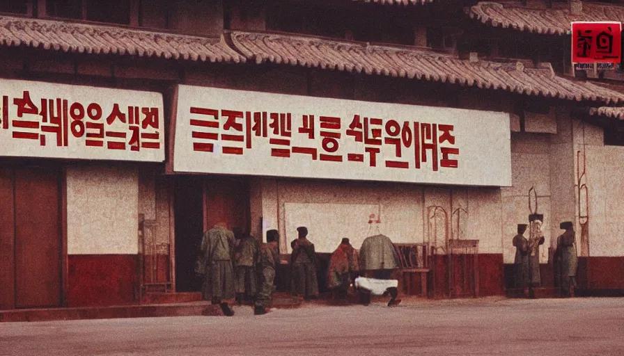 Image similar to 70s movie still of empty north-korean restaurant palace with propaganda fresco stalinist style, eastmancolor, heavy grain, high quality, higly detailed